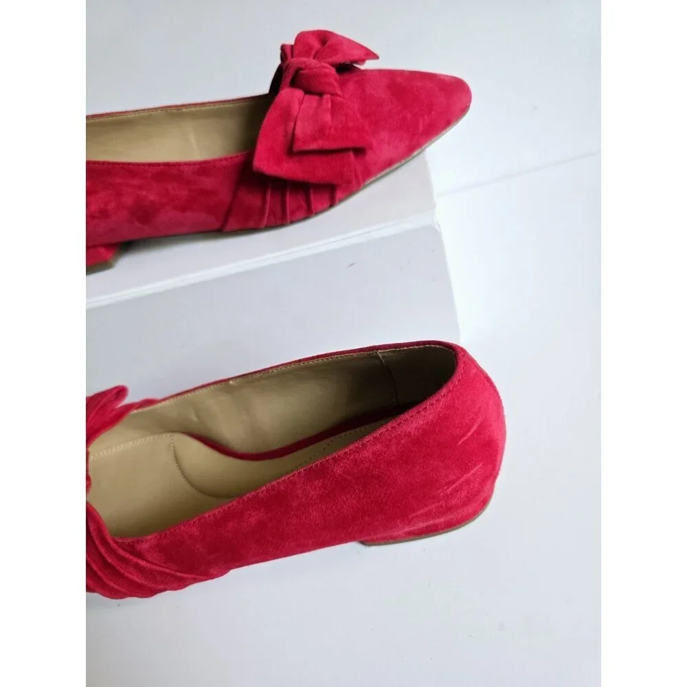 Talbots Edison Red Bow Suede Leather Almont Pointed Toe Ballet Flats Shoes 7